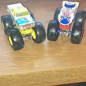 Lot of 2 Hot Wheels Monster Trucks - B&M Twin Mill & Retro Pickup Like New
